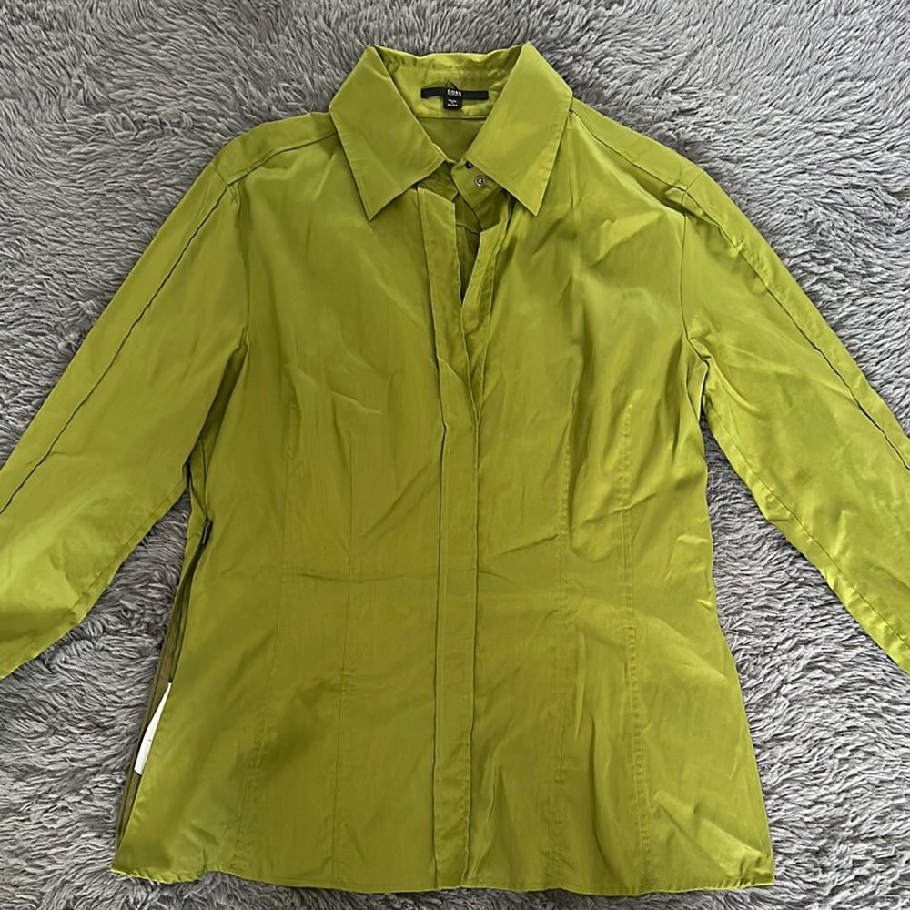 Hugo Boss Green Button-Down Shirt with Front Ruching Detail Size US 8 Women